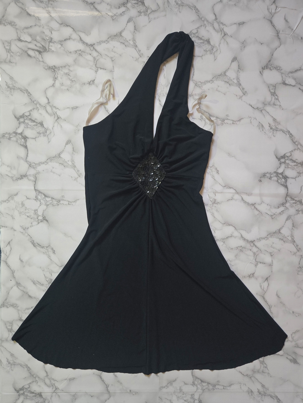 Y2K Vintage Black Halter Neck Diamond Sequin Accent Mini Dress Small Chopped Hem